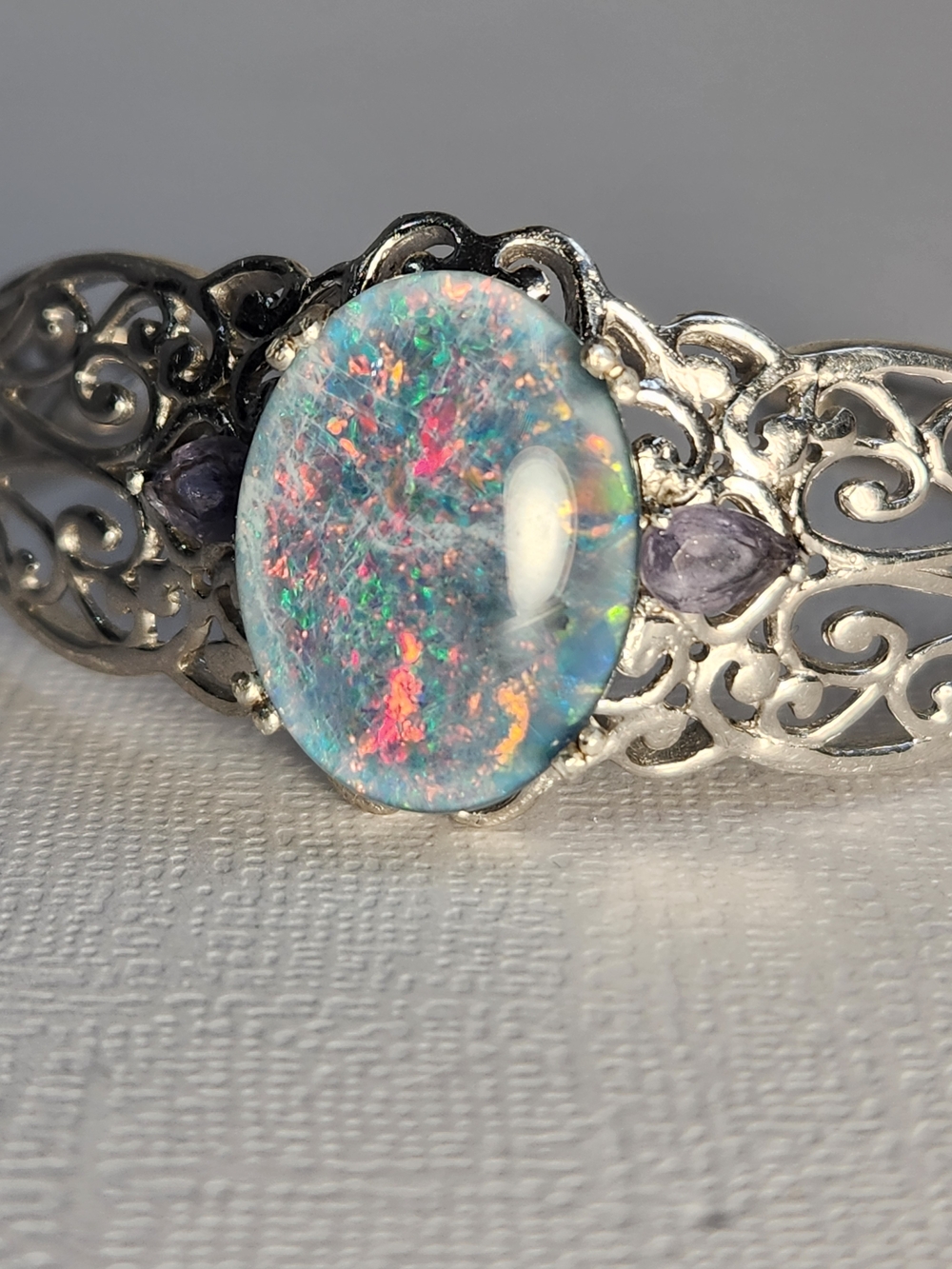 VTG Large Natural Opal & Amethyst 925 Filigree Cuff Btacelet - Picture 6 of 16